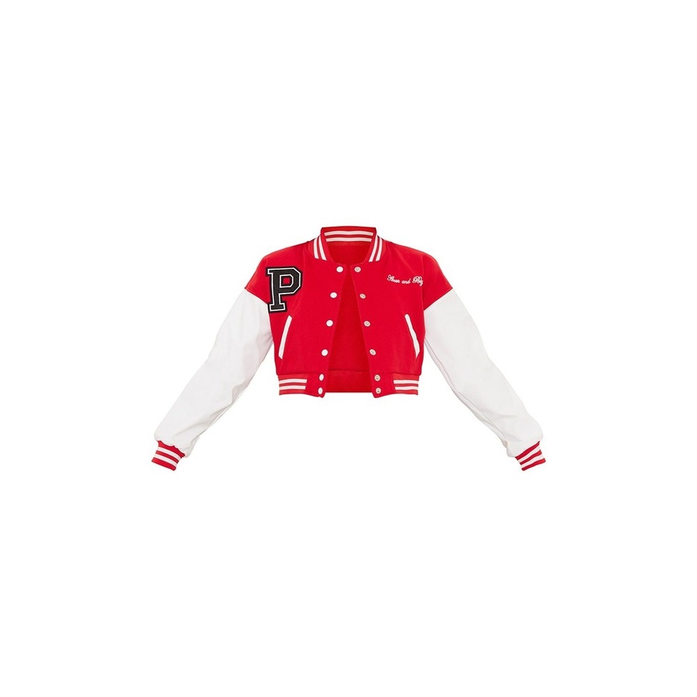 NWT PRETTYLITTLETHING Red & White Varsity Cropped Bomber Jacket  Size S‎